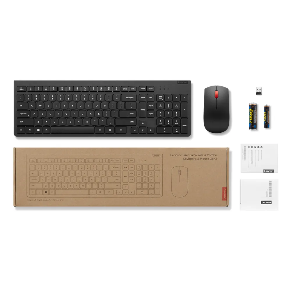Lenovo Essential Gen2 Wireless English & Arabic Keyboard Keyboard & Mouse Combo, 100% Keyboard Layout, 1600 DPI Optical Tracking Mouse Sensor, 2-way Mouse Scroll, Black, 1 Year Warranty | 4X31N50748