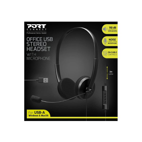 Port Designs Connect USB-A Stereo Headset, Cable Length: 2m, Black, 1 Year Warranty | 901604