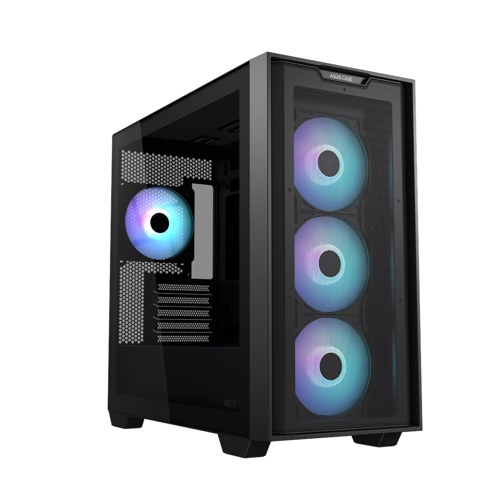Asus A21 PLUS mATX PC Case, Tempered Glass Panel, 380mm GPU Support, 4 x 120 mm AR GB Fans, USB 3.2 Gen 1, Ample Cable Management, Black, 1 Year Warranty | 90DC00H0-B19010