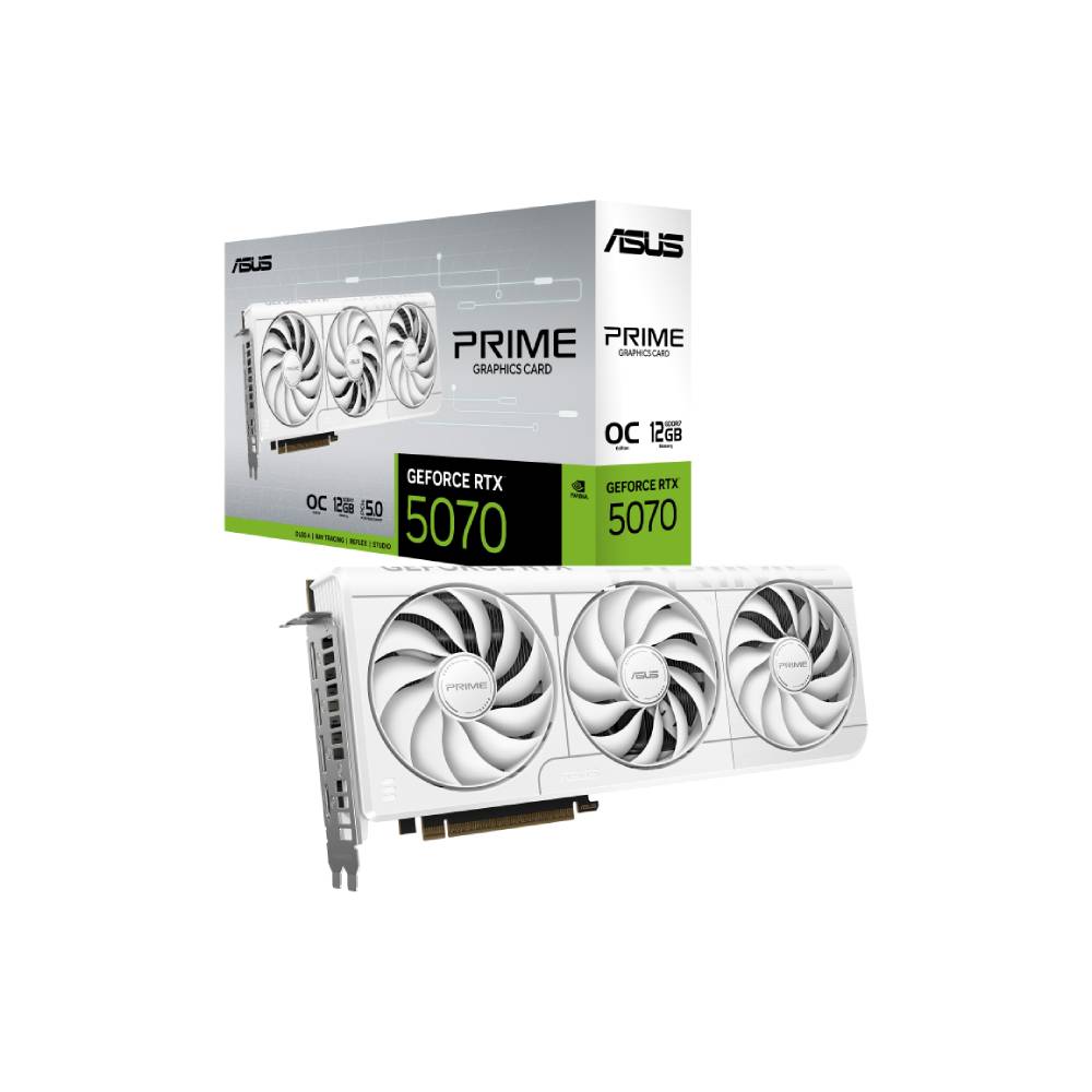 Asus PRIME GeForce RTX 5070 OC Edition Graphics Card, GDDR7 12 GB 192-bit Memory, HDMI 2.1b & DP 2.1b Outputs, PCI Express 5.0, 2587 MHz Core Clock, 28 GBps Memory Clock, SFF Compatible, White, 1 Year Warranty | 90YV0M19-M0NA00