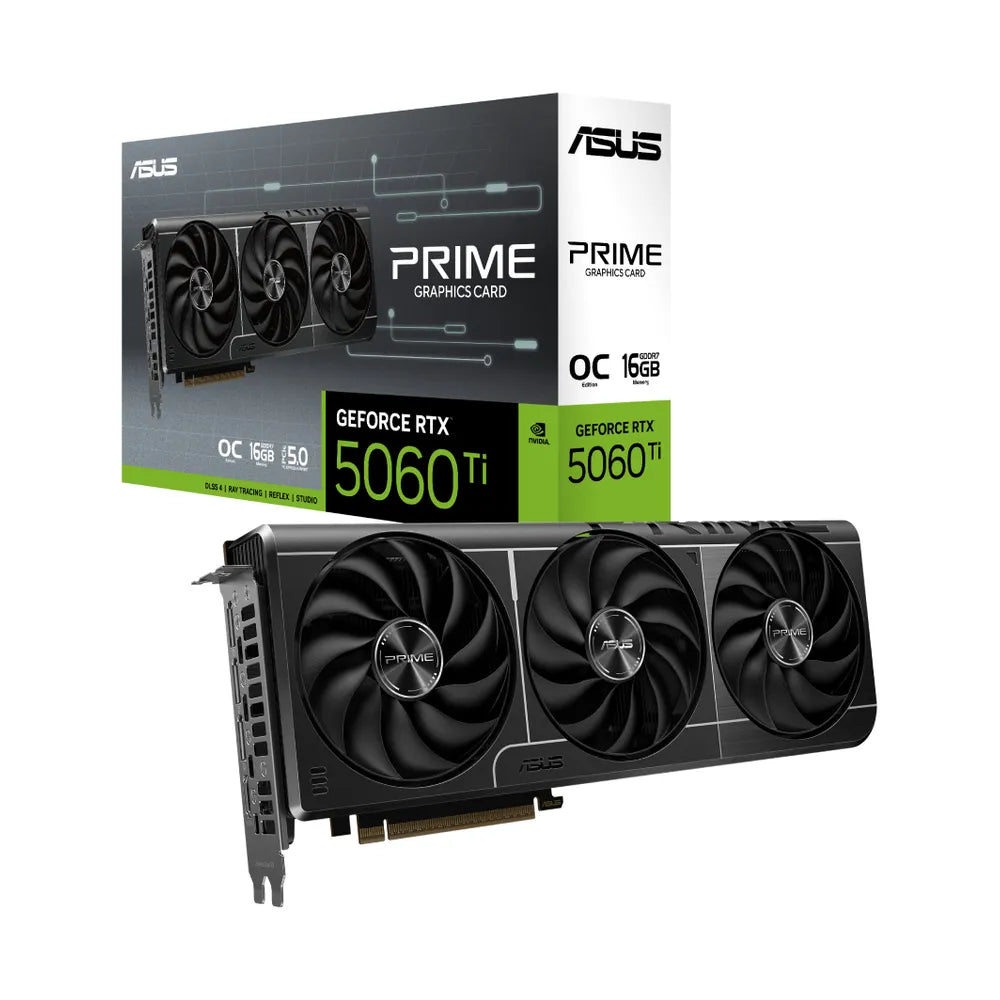 Asus PRIME GeForce RTX 5060 Ti OC Edition Graphics Card, GDDR7 16 GB 128-bit Memory, HDMI 2.1b & DP 2.1b Outputs, PCI Express 5.0, 2647 MHz Core Clock, 28 GBps Memory Clock, 1 Year Warranty | 90YV0MH2-M0NA00