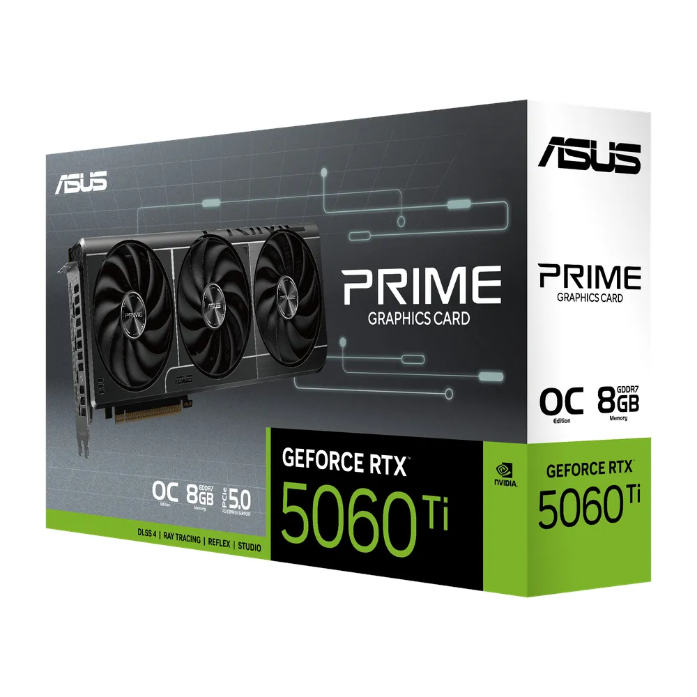 Asus PRIME GeForce RTX 5060 Ti OC Edition Graphics Card, GDDR7 8 GB 128-bit Memory, HDMI 2.1b & DP 2.1b Outputs, PCI Express 5.0, 2647 MHz Core Clock, 28 GBps Memory Clock, 1 Year Warranty | 90YV0MP0-M0NA00