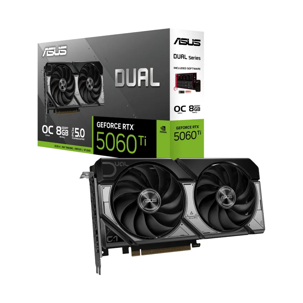 Asus DUAL GeForce RTX 5060 Ti OC Edition Graphics Card, GDDR7 8 GB 128-bit Memory, HDMI 2.1b & DP 2.1b Outputs, PCI Express 5.0, 2632 MHz Core Clock, 28 GBps Memory Clock, 1 Year Warranty | 90YV0MP2-M0NA00