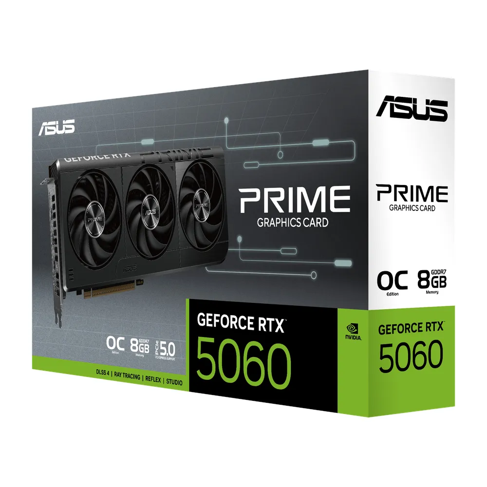 Asus PRIME GeForce RTX 5060 OC Edition Graphics Card, GDDR7 8 GB 128-bit Memory, HDMI 2.1b & DP 2.1b Outputs, PCI Express 5.0, 2595 MHz Core Clock, 28 GBps Memory Clock, 1 Year Warranty | 90YV0N10-M0NA00