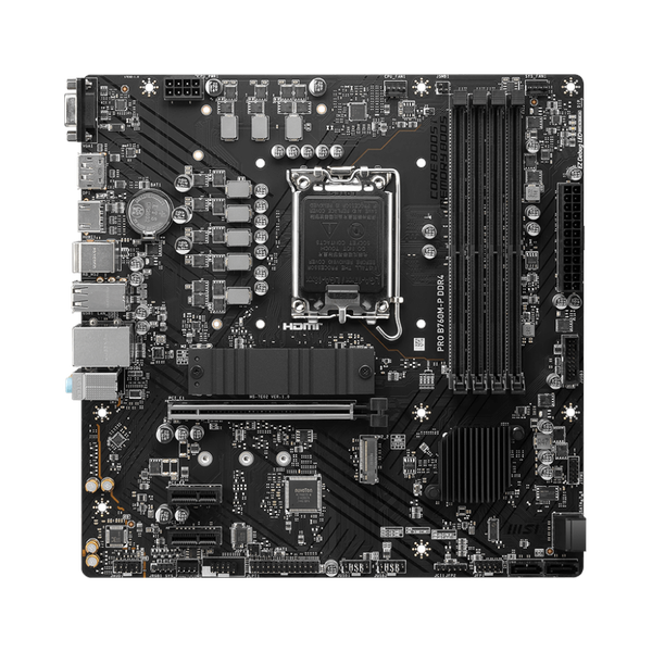 Msi PRO B760M-P Motherboard, LGA 1700 Socket, mATX Form Factor, DDR4 Ram, PCIe 4.0, USB 10 GBps, HDMI 1.4, DisplayPort 1.4, VGA, Realtek RTL8111H Gigabit LAN, PCI-E Steel Armor, 1 Year Warranty | 911-7E02-016