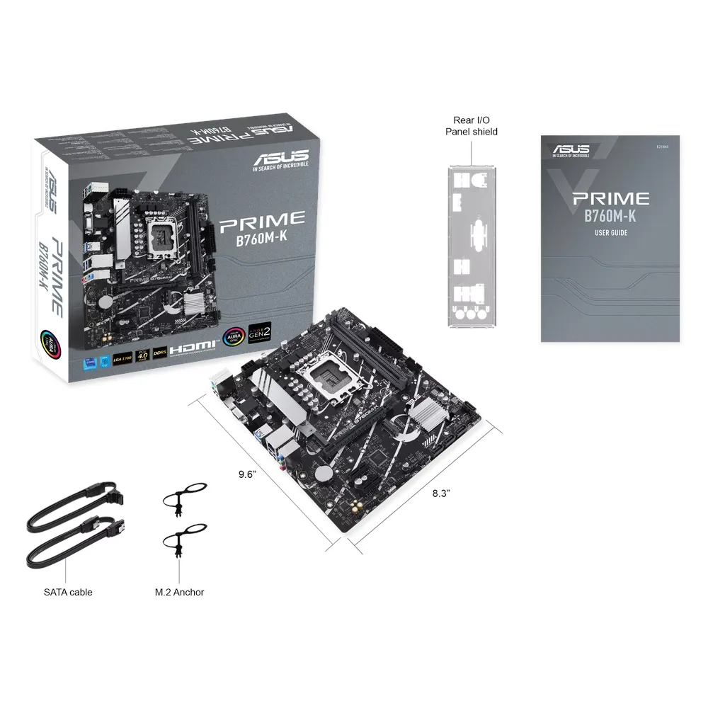 Asus PRIME B760M-K Gaming Motherboard, LGA1700 Socket, mATX Form Factor, DDR5 Ram, PCIe 4.0, USB 5Gbps, HDMI, VGA, Realtek 2.5Gb Ethernet, Aura Sync, 1 Year Warranty | 90MB1FI0-M0EAY0