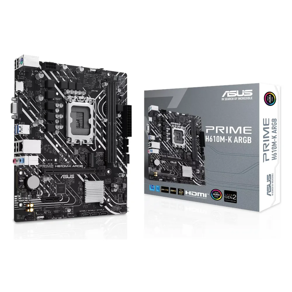 Asus PRIME H610M-K ARGB Gaming Motherboard, LGA1700 Socket, mATX Form Factor, DDR5 Ram, PCIe 4.0, USB 5Gbps, HDMI, VGA, Realtek 1Gb Ethernet, Aura Sync, 1 Year Warranty | 90MB1G90-M0EAY0