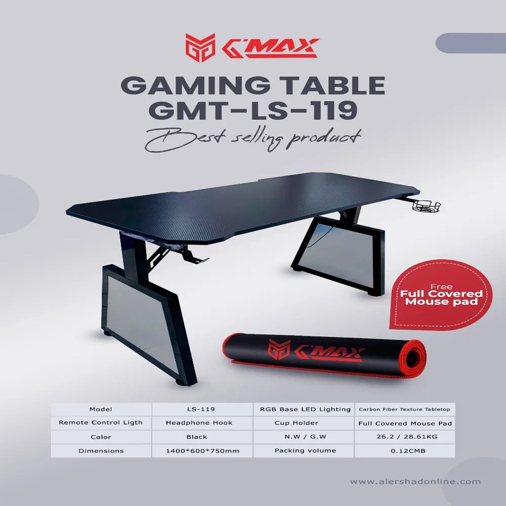 GAMING TABLE G-MAX GMT-LS119B BLACK -1400*600MM WITH BASE LED LIGHT