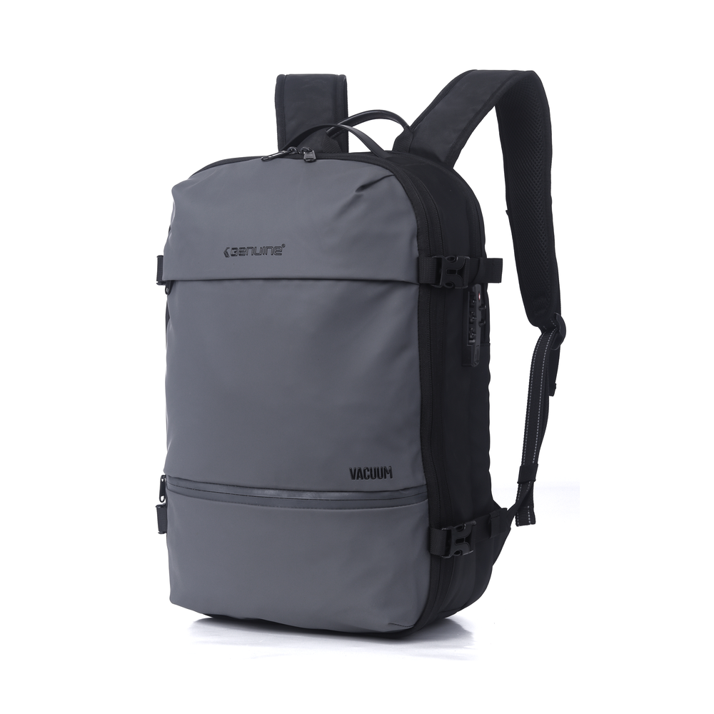Genuine Vacuum Laptop Backpack with Pump, Fits up to 17” Laptops, Water-Resistant Fabric, Expandable Design, PVC Top Pocket, Cool Bottle Pocket, Vacuum Clothes Compartment, Digital Lock with 1200mAh Lithium Battery, Grey, 1 Year Warranty | GN-B240611GR