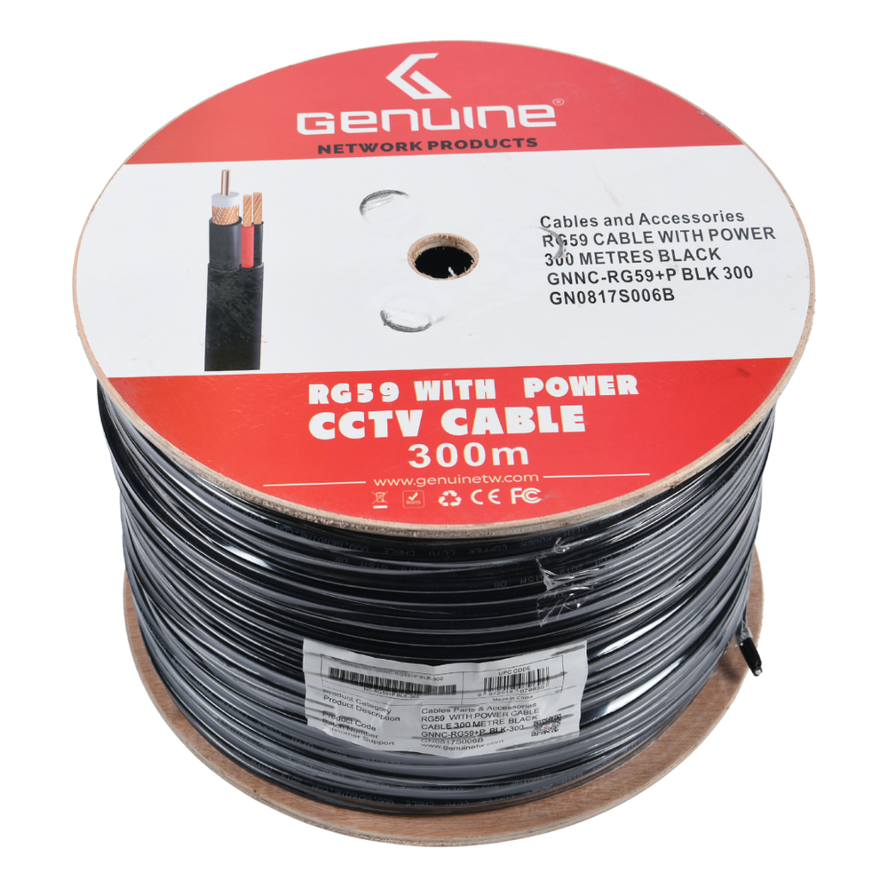 Genuine RG59 Coaxial Cable with Power, 300M Length, Copper, PVC Jacket, Shielded, Ideal for CCTV Installations, 1 Year Warranty | GNC713-PRG59