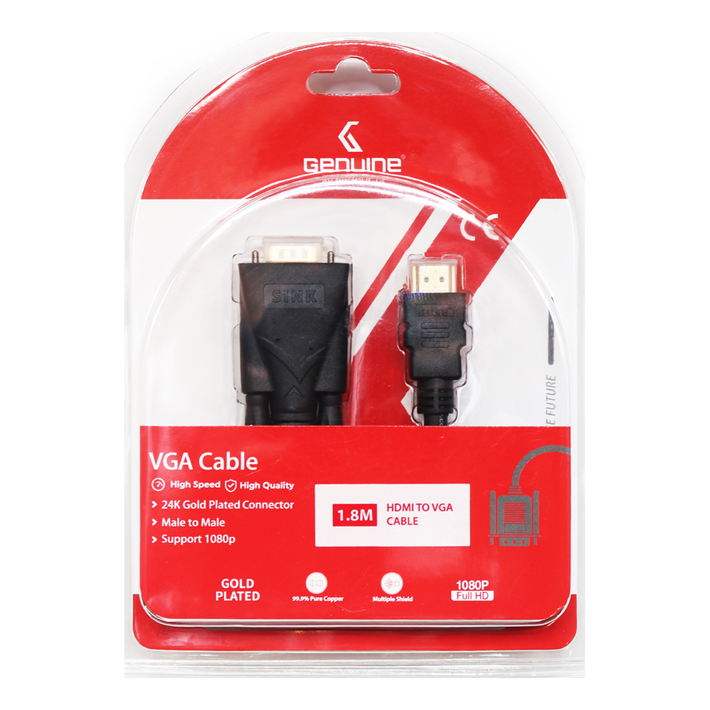 Genuine HDMI To VGA Cable, Supports 1080p, Cable Length 1.8M, 1 Year Warranty | GNHDVG18M