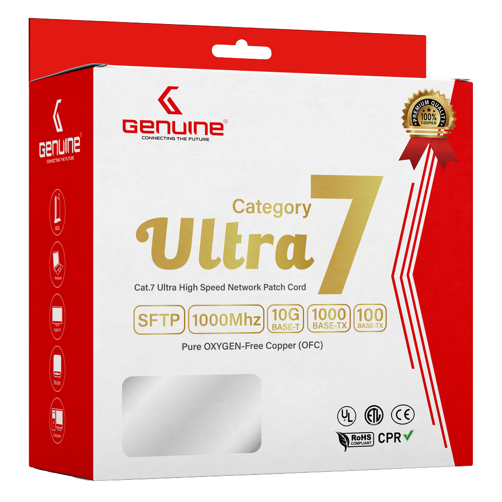 Genuine CAT7 S/FTP Cable, 10M Length, 23AWG Bare Copper, PVC Jacket, Gray, Box Pack, 1 Year Warranty | GNPC-C7SFTPGRY-10