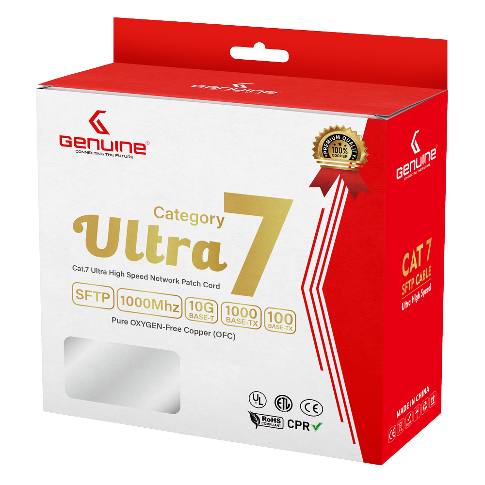 Genuine CAT7 S/FTP Cable, 25M Length, 23AWG Bare Copper, PVC Jacket, Gray, Box Pack, 1 Year Warranty | GNPC-C7SFTPGRY-25