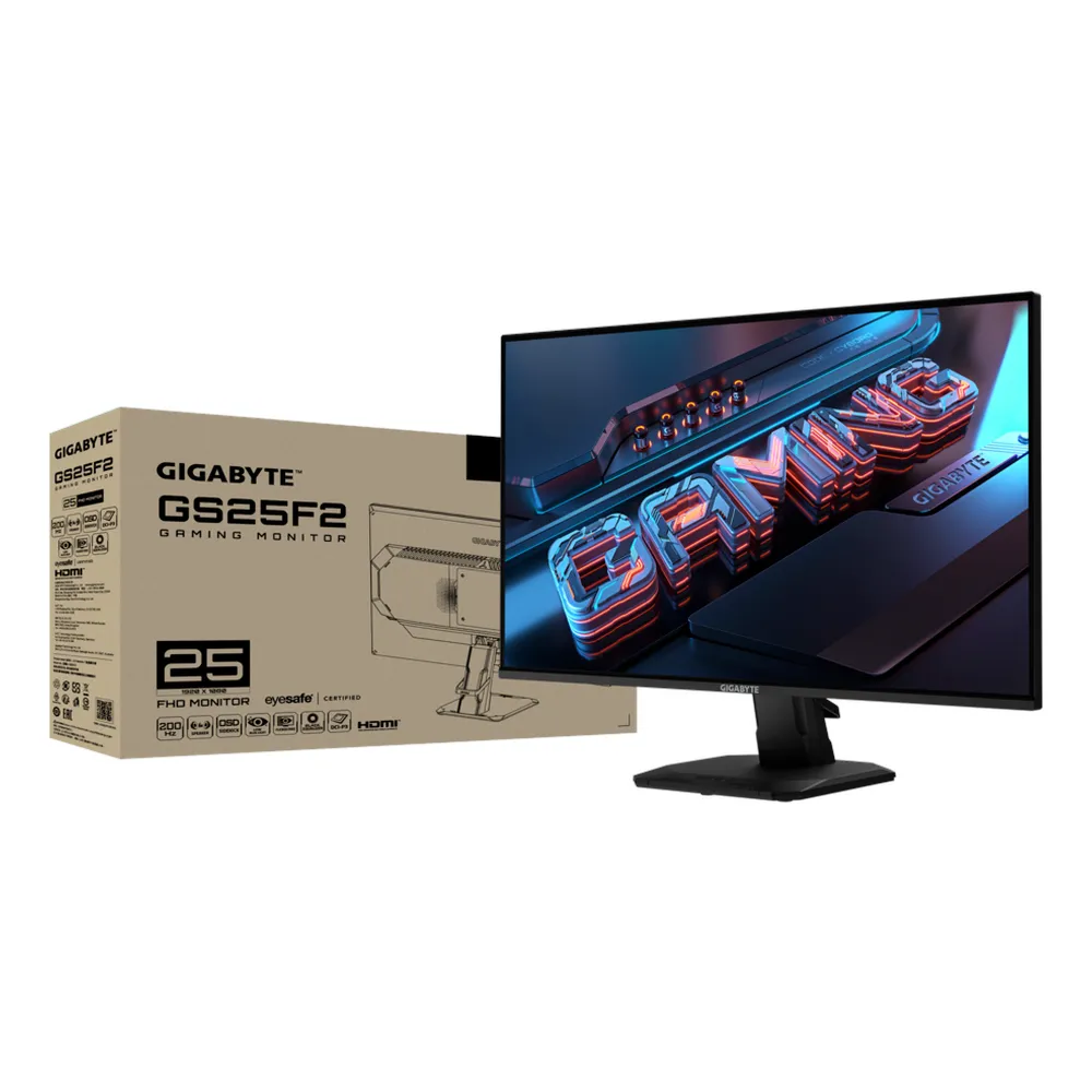 Gigabyte GS25F2 Gaming Monitor, 24" FHD (1920 x 1080) Resolution, 200Hz, Anti-glare, 1ms (GTG) Response Time, HDMI, DP, Fully Adjustable Stand, Black, 1 Year Warranty | GS25F2