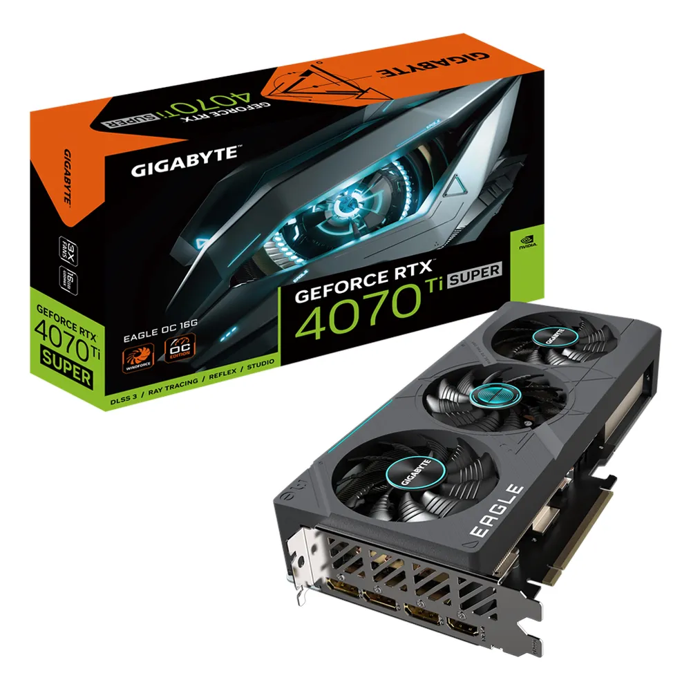 Gigabyte EAGLE OC GeForce RTX 4070 Ti Super Graphics Card, GDDR6X 16GB 256-bit Memory, HDMI 2.1a & DP 1.4a Outputs, PCI Express 4.0, 2640 MHz Core Clock, 21 Gbps Memory Clock, RGB Fusion, Dual BIOS, Triple Fan Windforce Cooling System, 1 Year Warranty |