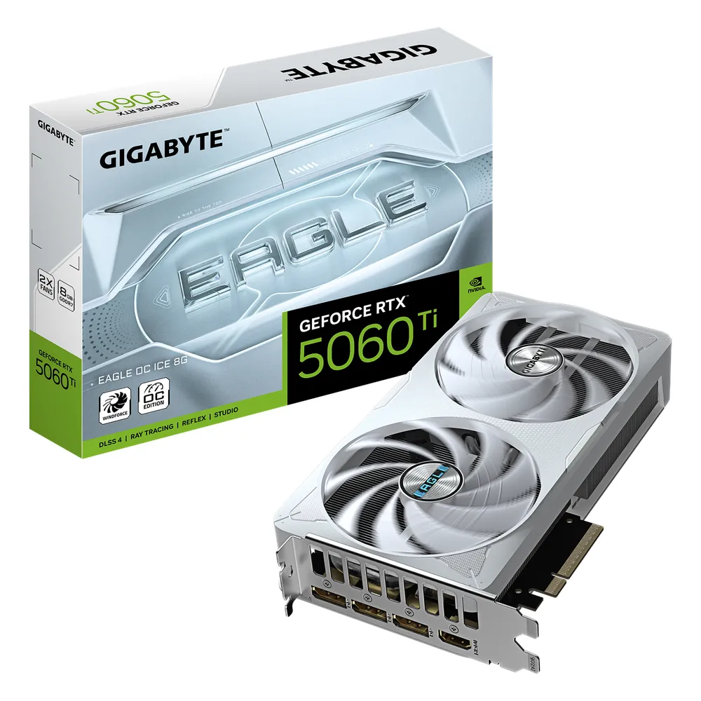 Gigabyte EAGLE OC ICE GeForce RTX 5060 Ti Graphics Card, GDDR7 8GB 128-bit Memory, HDMI 2.1b & DP 2.1b Outputs, PCI Express 5.0, 2617 MHz Core Clock, 28 Gbps Memory Clock, Dual Windforce Hawk Fans, White, 1 Year Warranty | GV-N506TEAGLE-OC-ICE