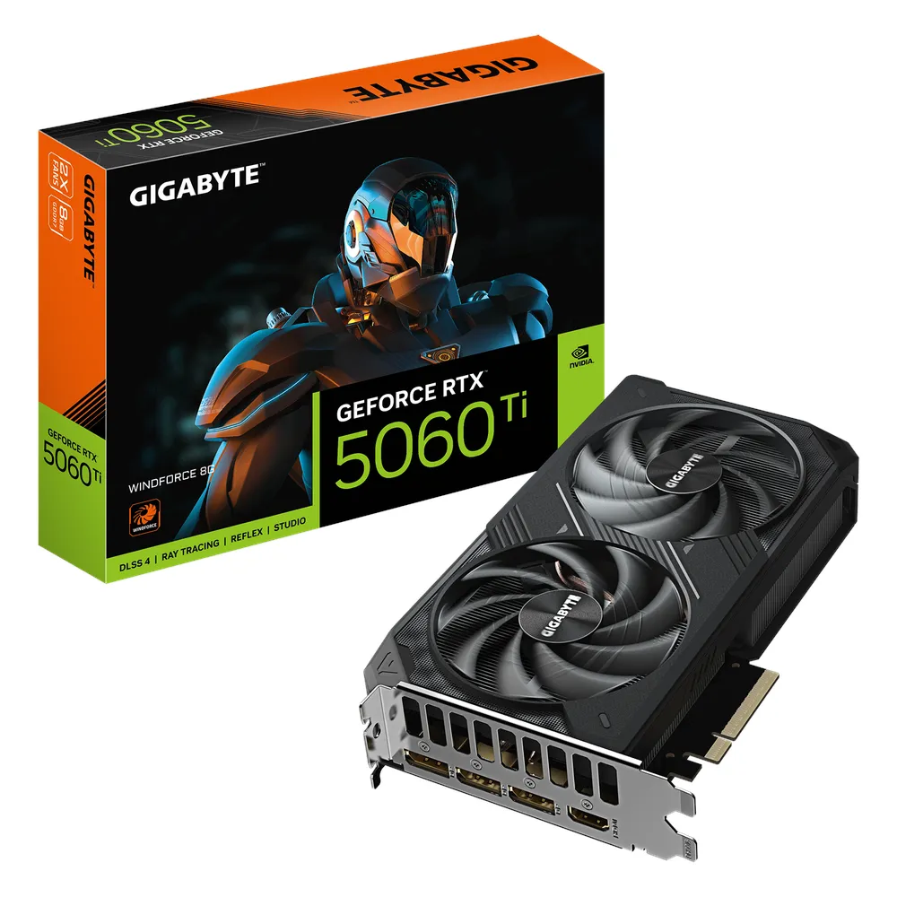 Gigabyte WINDFORCE GeForce RTX 5060 Ti Graphics Card, GDDR7 8GB 128-bit Memory, HDMI 2.1b & DP 2.1b Outputs, PCI Express 5.0, 2572 MHz Core Clock, 28 Gbps Memory Clock, Dual RGB Windforce Hawk Fans, 1 Year Warranty | GV-N506TWF2-8GD