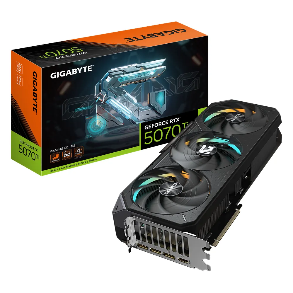Gigabyte GAMING OC GeForce RTX 5070 Ti Graphics Card, GDDR7 16GB 256-bit Memory, HDMI 2.1b & DP 2.1b Outputs, PCI Express 5.0, 2588 MHz Core Clock, 28 Gbps Memory Clock, Triple Windforce Hawk Fans, RGB Halo, Dual BIOS, 1 Year Warranty |