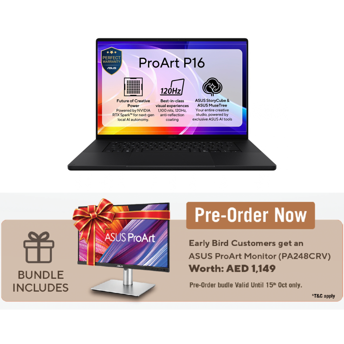 Asus ProArt P16 H7607BA Laptop, NVIDIA RTX Spark N1X 20 Core CPU, 6144 Core GPU, 32GB RAM, 1TB SSD, 16" 3K OLED 120Hz Touch Display, Windows 11 Home, English & Arabic Keyboard, Black, 1 Year Warranty | H7607BA-SR142W