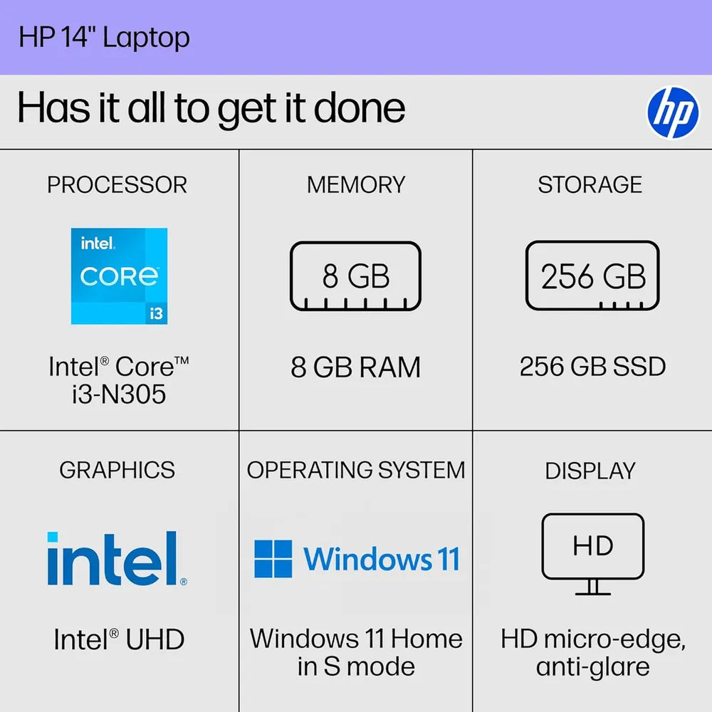 HP 14-EP0299NR Consumer Laptop, Intel Core i3-N305 Processor, 8GB RAM, 256GB SSD, 14" HD Display, Windows 11 Home, English & Arabic Keyboard, 1 Year Warranty | BL9T2UA