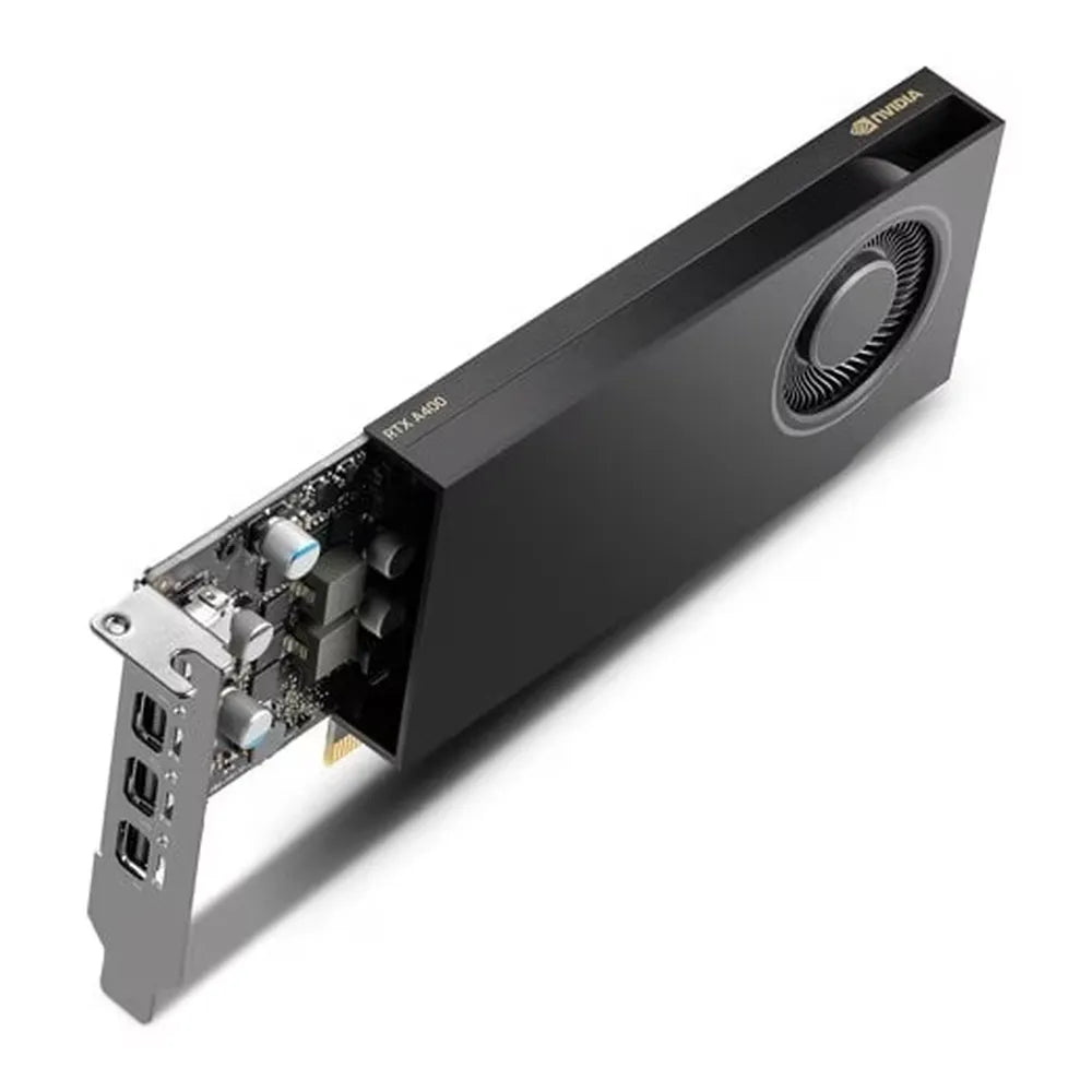 HP NVIDIA RTX A400 Graphics Card with Mini Bracket, 768 CUDA Cores, GDDR6 4GB 64-bit Memory, 4x Mini DisplayPort Outputs, PCI Express 4.0, 96 GB/s Memory Bandwidth, Single Slot Low-Profile Design, 1 Year Warranty | AV8J3AA
