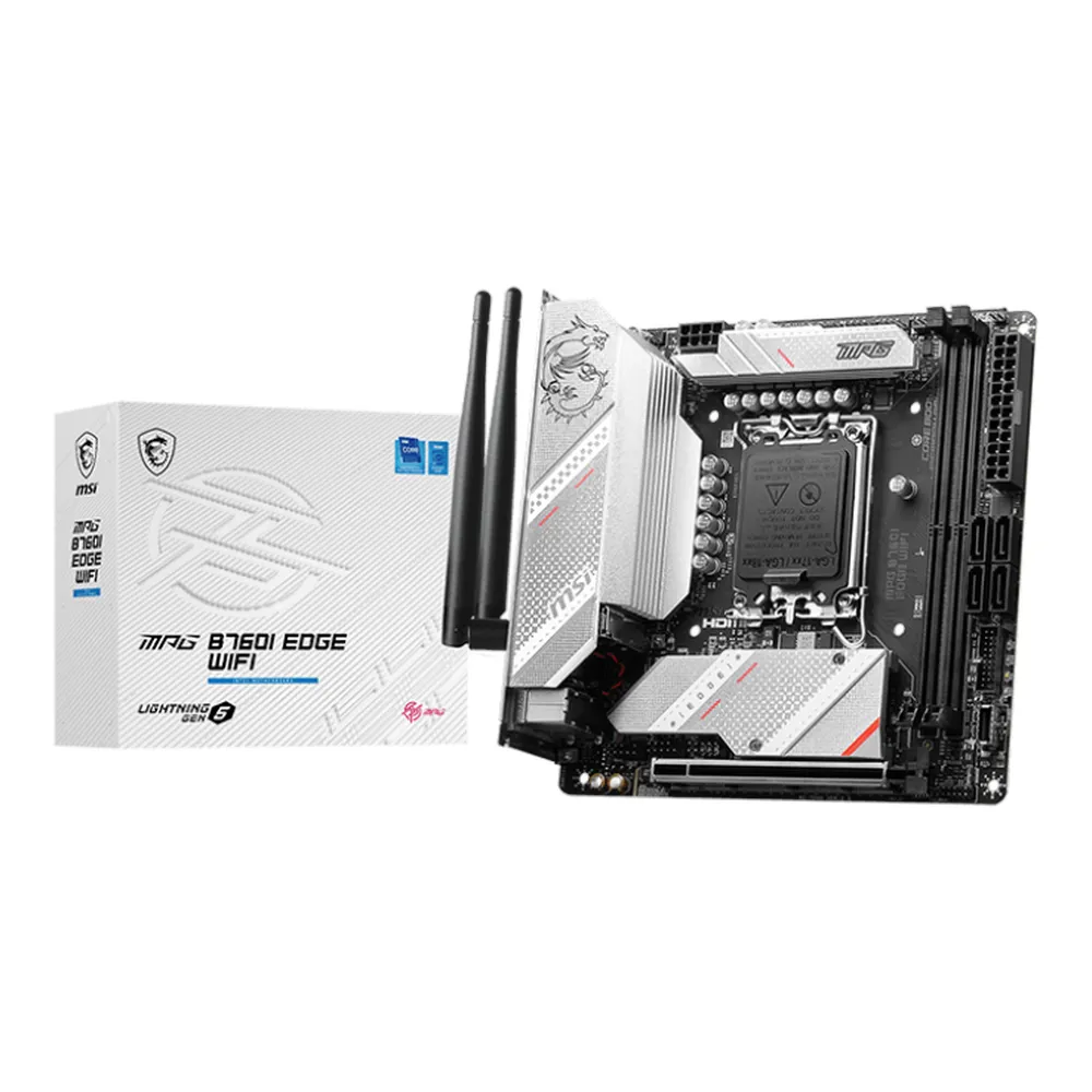 MSI MPG B760I EDGE WIFI Gaming Motherboard, LGA1700 Socket, Mini-ITX Form Factor, DDR5 Ram, PCIe 5.0, USB 10Gbps, HDMI, DP, Wi-Fi 6E, Bluetooth, Realtek 2.5Gb Ethernet, M.2 Shield Frozr, Extended Heatsink Design, 1 Year Warranty | 910-7D40-014