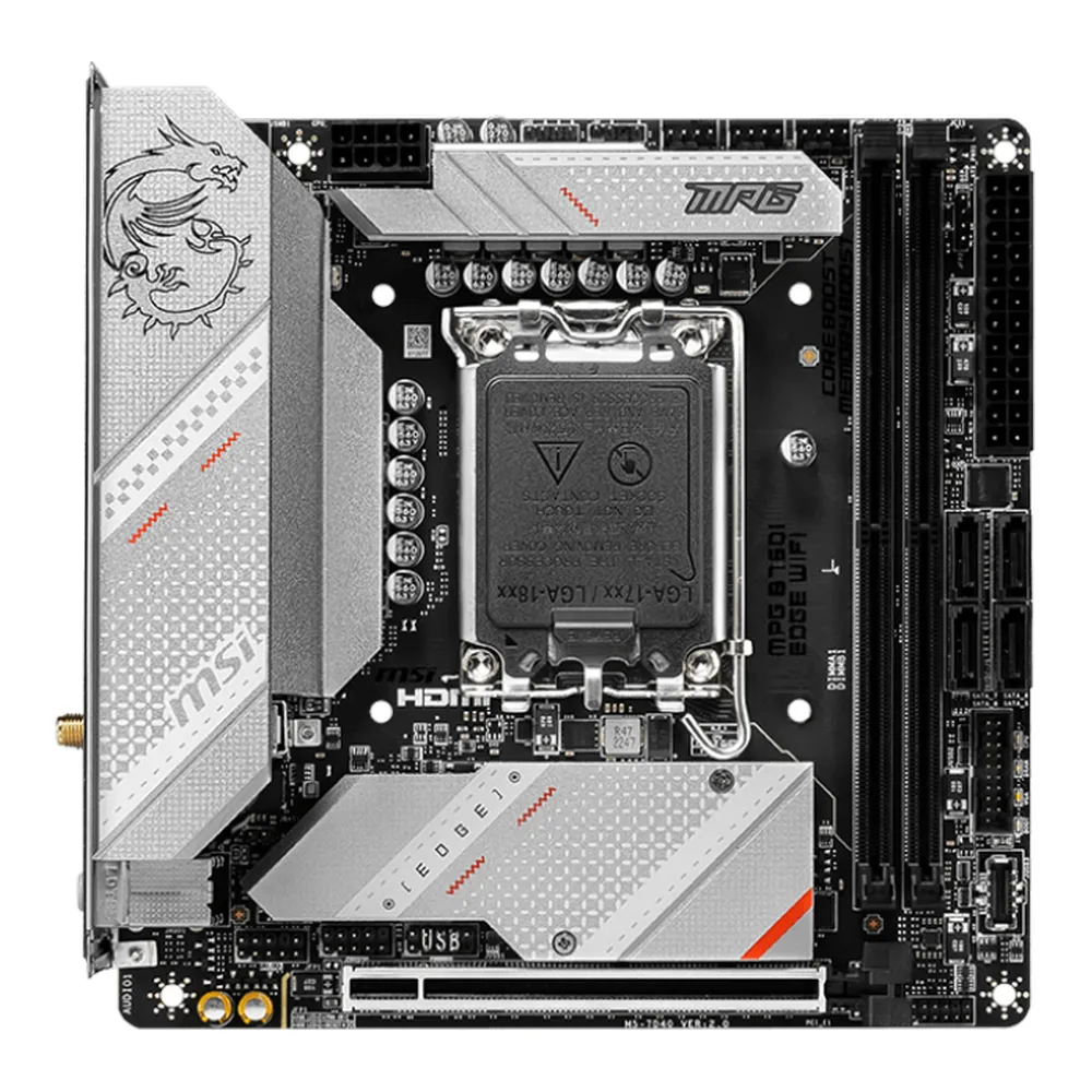 MSI MPG B760I EDGE WIFI Gaming Motherboard, LGA1700 Socket, Mini-ITX Form Factor, DDR5 Ram, PCIe 5.0, USB 10Gbps, HDMI, DP, Wi-Fi 6E, Bluetooth, Realtek 2.5Gb Ethernet, M.2 Shield Frozr, Extended Heatsink Design, 1 Year Warranty | 910-7D40-014
