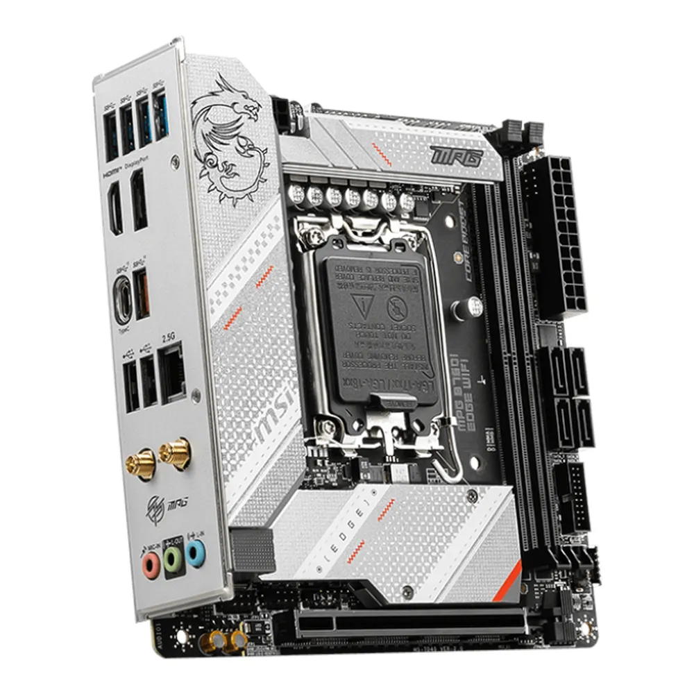 MSI MPG B760I EDGE WIFI Gaming Motherboard, LGA1700 Socket, Mini-ITX Form Factor, DDR5 Ram, PCIe 5.0, USB 10Gbps, HDMI, DP, Wi-Fi 6E, Bluetooth, Realtek 2.5Gb Ethernet, M.2 Shield Frozr, Extended Heatsink Design, 1 Year Warranty | 910-7D40-014