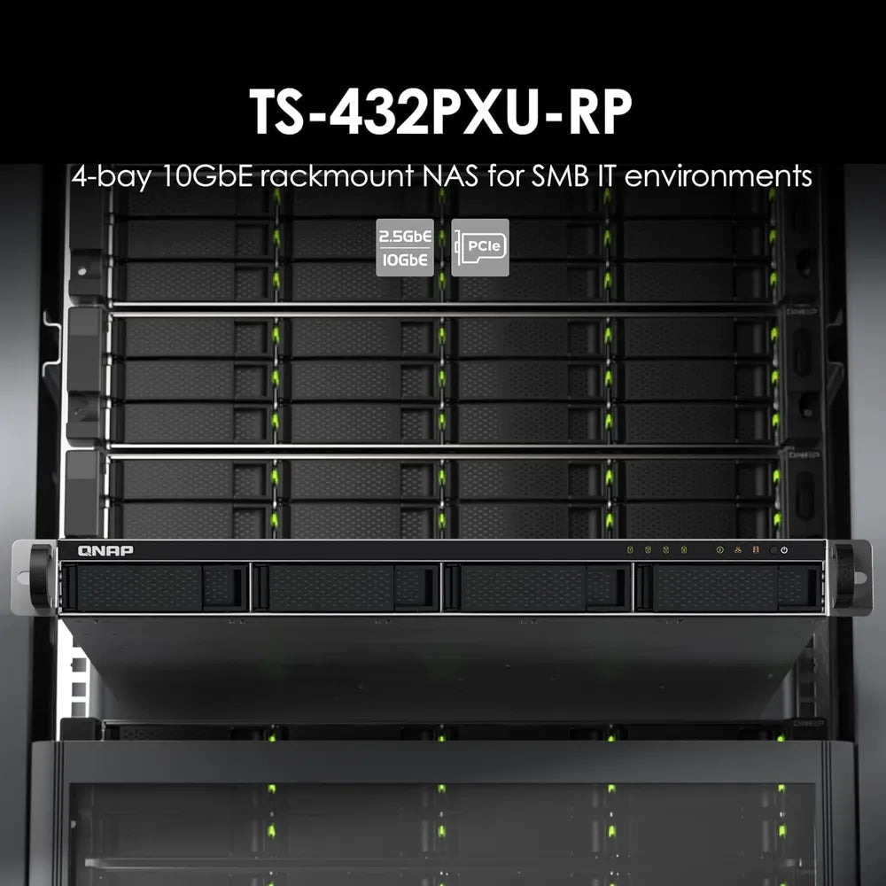 QNAP TS-432PXU-RP 4-Bay Rackmount NAS Box, Alpine AL324 Processor, 2GB DDR4 RAM, 2x 2.5GbE & 2x 10GbE SFP+ Ports, Redundant 250W Power Supply, 1 Year Warranty | TS-432PXU-RP-2G