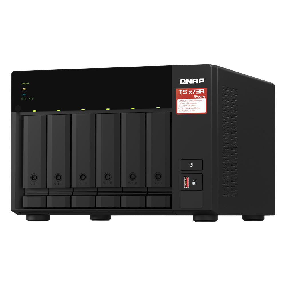 QNAP TS-673A 6-Bay Tower NAS Box, AMD Ryzen V1500B Processor, 8GB DDR4 RAM, 2x 2.5GbE Ports, Dual M.2 NVMe Slots, 1 Year Warranty | TS-673A-8G