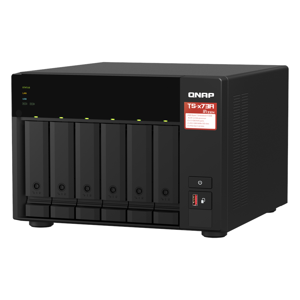 QNAP TS-673A 6-Bay Tower NAS Box, AMD Ryzen V1500B Processor, 8GB DDR4 RAM, 2x 2.5GbE Ports, Dual M.2 NVMe Slots, 1 Year Warranty | TS-673A-8G
