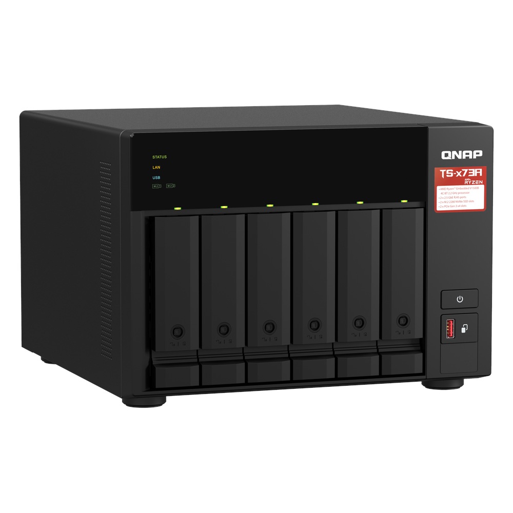 QNAP TS-673A 6-Bay Tower NAS Box, AMD Ryzen V1500B Processor, 8GB DDR4 RAM, 2x 2.5GbE Ports, Dual M.2 NVMe Slots, 1 Year Warranty | TS-673A-8G