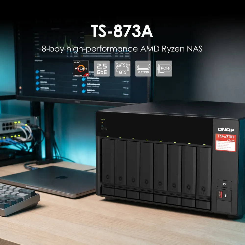 QNAP TS-873A 8-Bay Tower NAS Box, AMD Ryzen V1500B Processor, 8GB DDR4 RAM, 2x 2.5GbE Ports, Dual M.2 NVMe Slots, 1 Year Warranty | TS-873A-8G