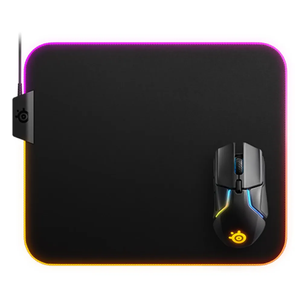 SteelSeries QCK PRISM Gaming Mouse Pad, Medium Size, Cloth Surface, Silicon Rubber Base, Micro-Woven Cloth for Maximum Control, 2-zone RGB Dynamic Illumination, Black, 1 Year Warranty | 63825