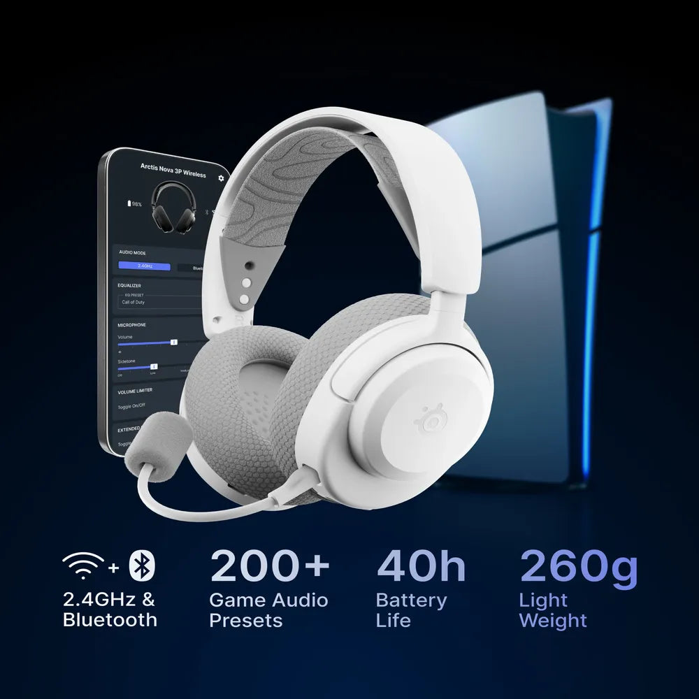 SteelSeries Arctis Nova 3P Wireless for PlayStation Gaming Headphones, 2.4 GHz Wireless, Bluetooth, Over-Ear, Cosed Back, ClearCast Gen 2 Microphone, 40 mm Speaker with Neodymium Magnets, White, 1 Year Warranty | 61687