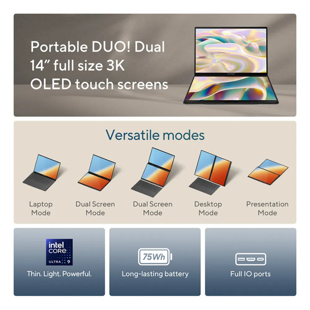 ASUS Zenbook Duo Intel Core Ultra 9 Processor, 32 GB RAM, 2TB PCIE G4 SSD, Intel Arc Graphics, WINDOW 11 HOME, 14", GRAY | UX8406CA-PZ005W