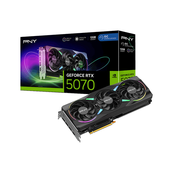 PNY GeForce RTX 5070 Triple Fan OC Edition AR GB Graphics Card, GDDR7 12 GB 192-bit Memory, HDMI 2.1b, DP 2.1b Outputs, PCI Express 5.0, 2775 MHz Boost Clock, 672 GB/s Memory Bandwidth, 1 Year Warranty | VCG507012TFXXPB1-O