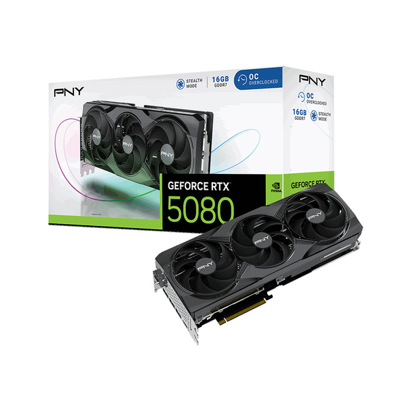 Видеокарта PNY GeForce RTX 5080 EPIC-X Triple Fan OC Edition, память GDDR7 16 ГБ 256 бит, выходы HDMI 2.1b, DP 2.1b, PCI Express 5.0, тактовая частота в режиме разгона 2625 МГц, пропускная способность памяти 960 ГБ/с, гарантия 1 год | VCG508016TFXPB1-O