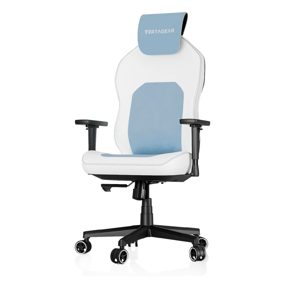 VertaGear SL1800 Gaming Chair, Class 4 Gas Lift Cylinder, Steel Frame, Metal 5 Star Base, PUC Leather & Luxurious Velvet, Tilt/Height/Armrest Adjustable, ContourMax Lumbar With Memory Foam, UPHR Foam Headrest, 150kg Max Load Rating, Black/Blue/White, 1