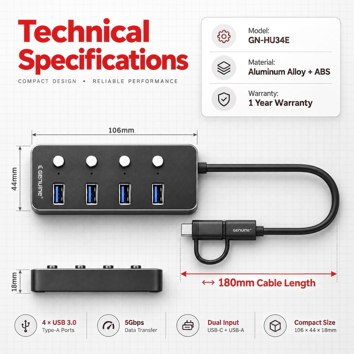 Genuine 4 Port USB 3.0 HUB, 180mm Cable Length, Input USB A + C 3.0 Male, Transfer rate up to 5Gbps, Black/Silver/Customized, 1 Year Warranty | GN-HU34E