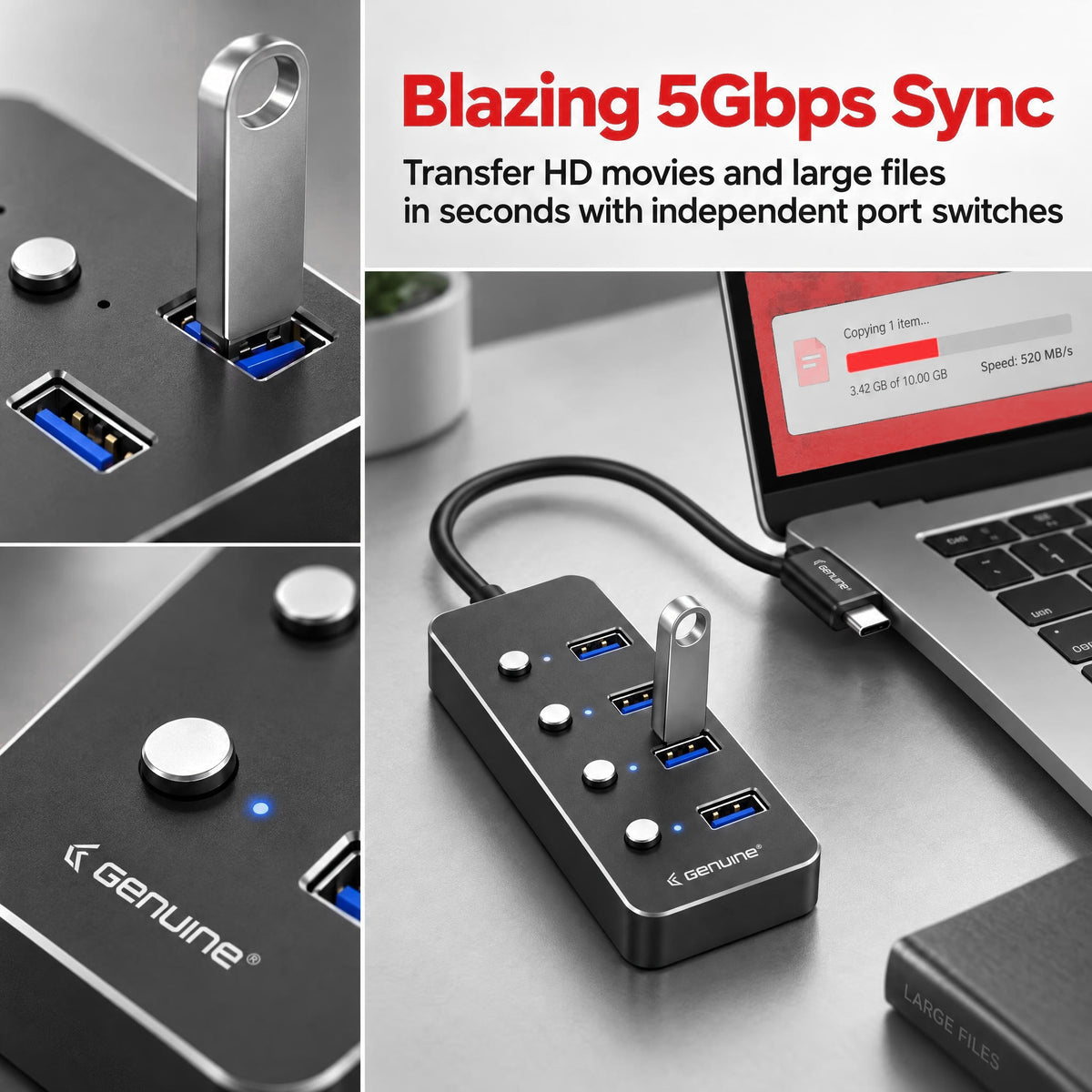 Genuine 4 Port USB 3.0 HUB, 180mm Cable Length, Input USB A + C 3.0 Male, Transfer rate up to 5Gbps, Black/Silver/Customized, 1 Year Warranty | GN-HU34E
