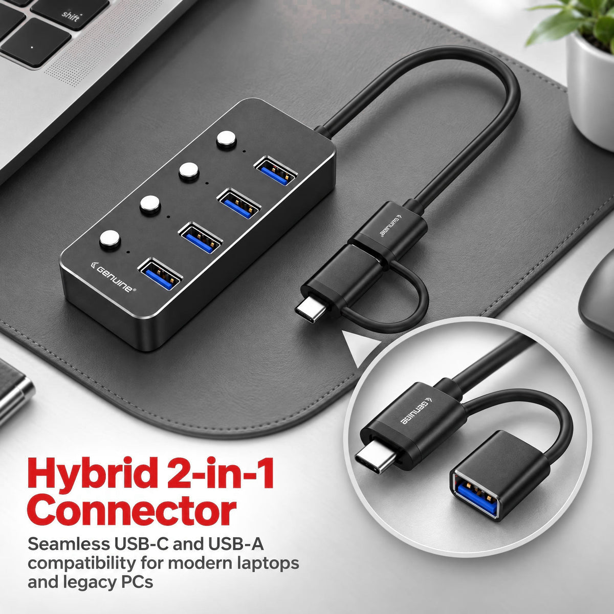 Genuine 4 Port USB 3.0 HUB, 180mm Cable Length, Input USB A + C 3.0 Male, Transfer rate up to 5Gbps, Black/Silver/Customized, 1 Year Warranty | GN-HU34E