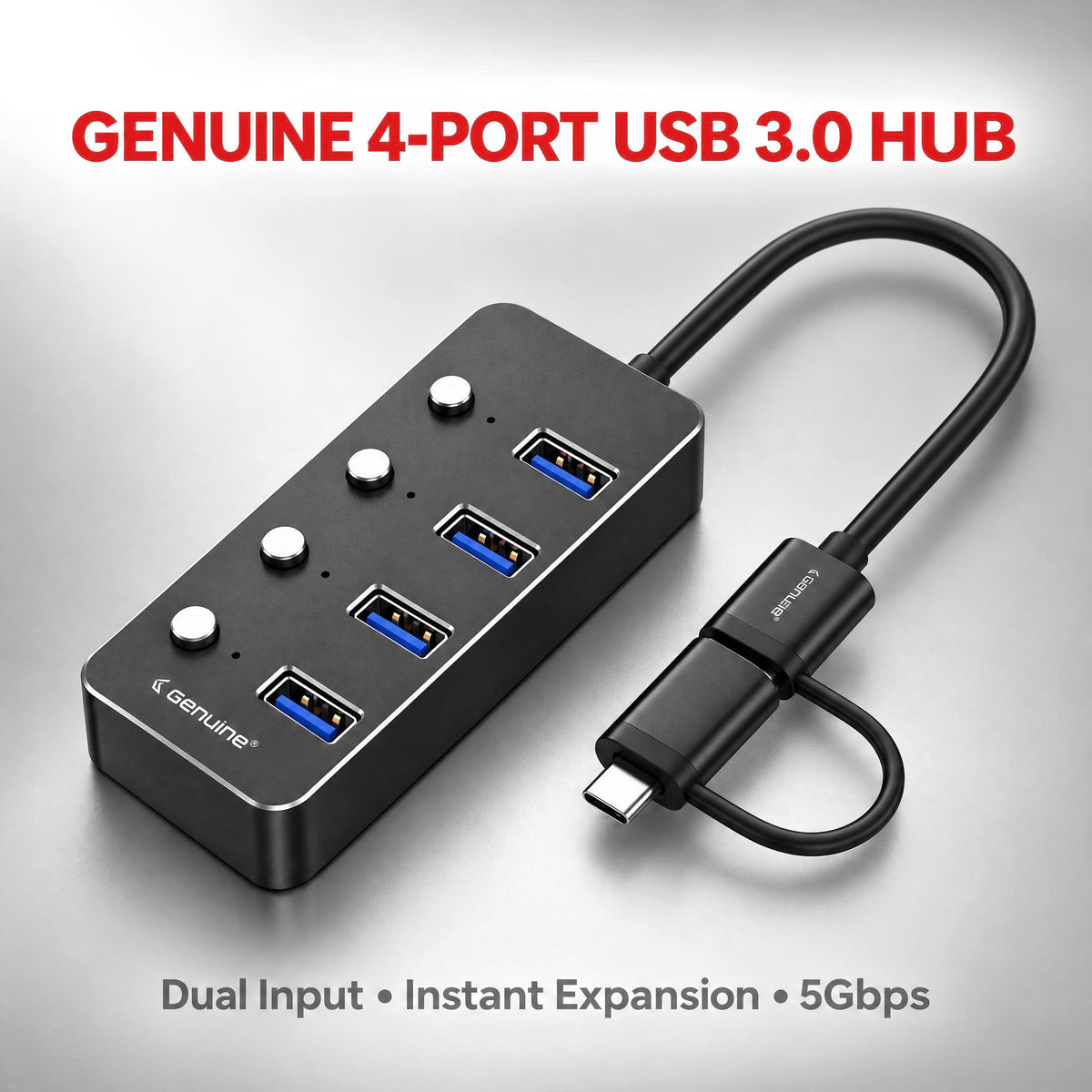 Genuine 4 Port USB 3.0 HUB, 180mm Cable Length, Input USB A + C 3.0 Male, Transfer rate up to 5Gbps, Black/Silver/Customized, 1 Year Warranty | GN-HU34E