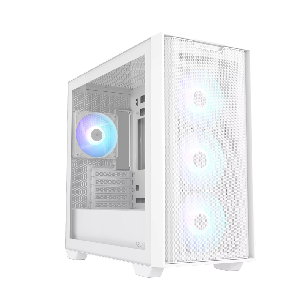 Asus A21 PLUS mATX PC Case, Tempered Glass Panel, 380mm GPU Support, 4 x 120 mm AR GB Fans, USB 3.2 Gen 1, Ample Cable Management, White, 1 Year Warranty | 90DC00H3-B19000/B1901
