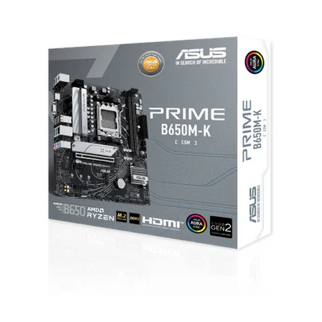 Asus PRIME B650M-K Motherboard, AM5 Socket, micro-ATX Form Factor, DDR5 Ram, PCIe 4.0, USB 3.2 Gen 2, HDMI, VGA, Realtek 2.5 GB Ethernet, Asus 5X Protection III, Aura Sync, 1 Year Warranty | 90MB1F60-M0EAY0