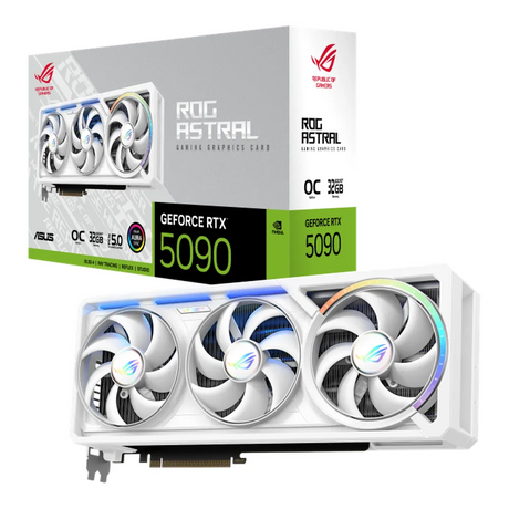 Asus ROG Astral GeForce RTX 5090 White OC Edition Graphics Card, GDDR7 32GB 512-bit Memory, HDMI 2.1b & DP 2.1b Outputs, PCI Express 5.0, 2580 MHz Core Clock, 28 Gbps Memory Clock, 1 Year Warranty | 90YV0LWA-M0NA00