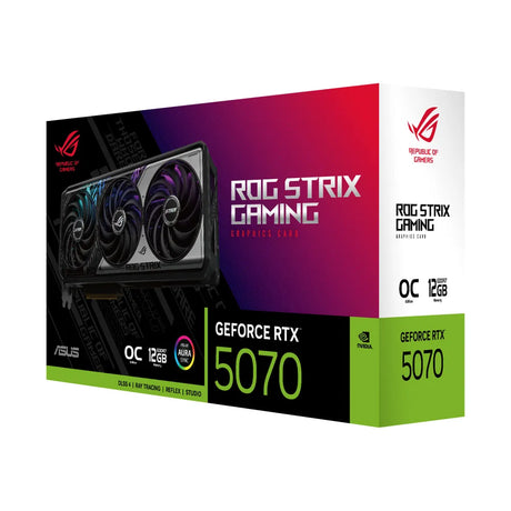 Asus ROG STRIX AR GB GeForce RTX 5070 OC Gaming Graphics Card, GDDR7 12 GB 192-bit Memory, HDMI 2.1b & DP 2.1b Outputs, PCI Express 5.0, 2685 MHz Core Clock, 28  GBps Memory Clock, 1 Year Warranty | 90YV0M80-M0NA00