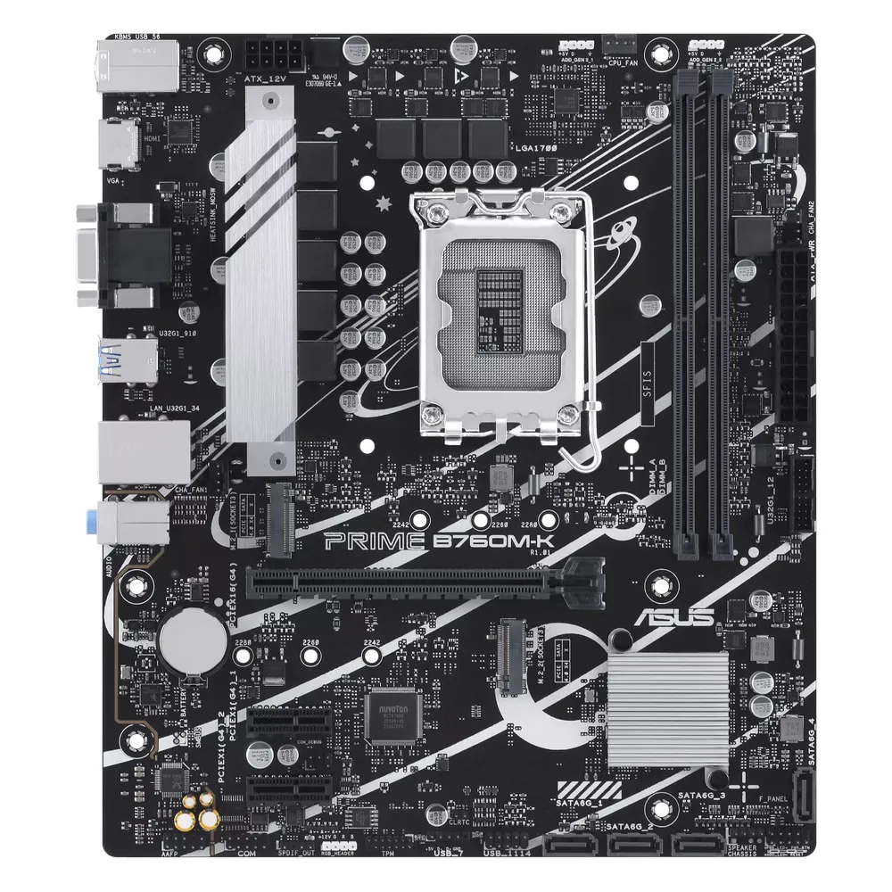 Asus PRIME B760M-K Gaming Motherboard, LGA1700 Socket, mATX Form Factor, DDR5 Ram, PCIe 4.0, USB 5Gbps, HDMI, VGA, Realtek 2.5Gb Ethernet, Aura Sync, 1 Year Warranty | 90MB1FI0-M0EAY0