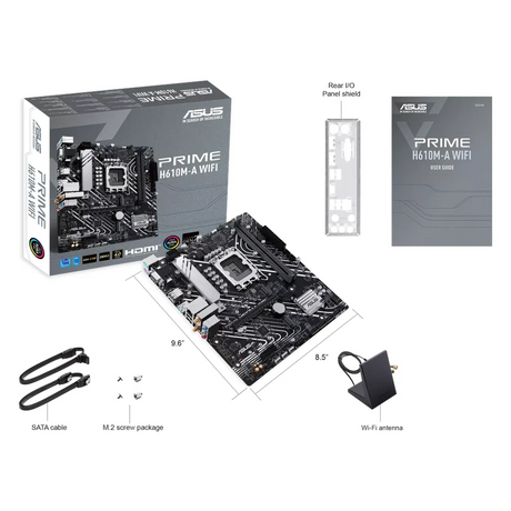 Asus PRIME H610M-A WIFI Gaming Motherboard, LGA1700 Socket, mATX Form Factor, DDR5 Ram, PCIe 4.0, USB 10Gbps, HDMI, DP, Wi-Fi 5 , Intel 1Gb Ethernet, Aura Sync, 1 Year Warranty | 90MB1G00-M0EAY0