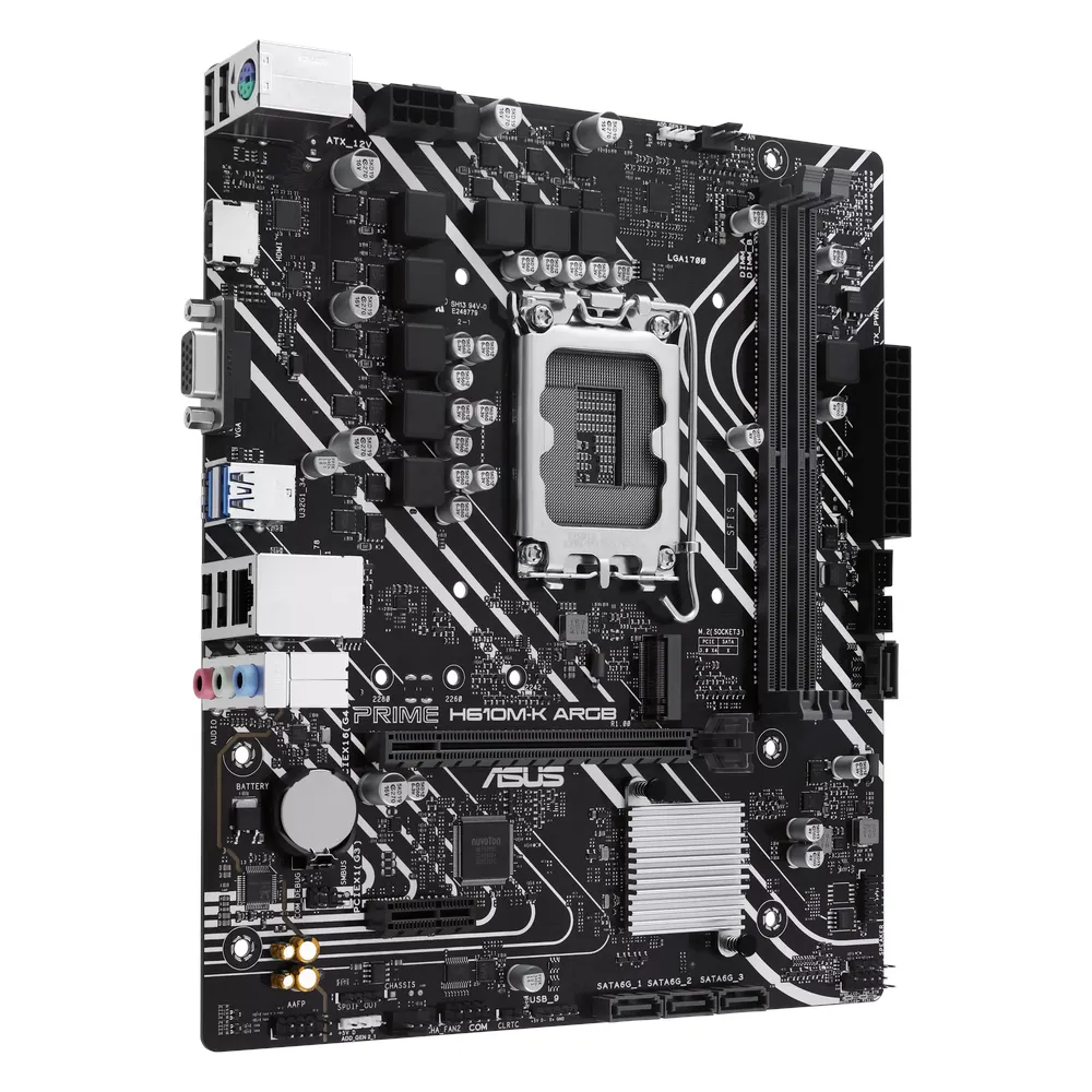 Asus PRIME H610M-K ARGB Gaming Motherboard, LGA1700 Socket, mATX Form Factor, DDR5 Ram, PCIe 4.0, USB 5Gbps, HDMI, VGA, Realtek 1Gb Ethernet, Aura Sync, 1 Year Warranty | 90MB1G90-M0EAY0